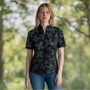 Ben Hogan Pixel Floral Zip Polo Large NWT | UPF 50 Moisture Wicking Golf Top